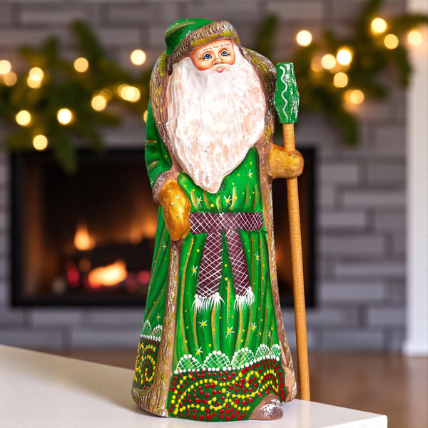 Hand carved green Santa wooden figurine 8.7 inch, Christmas mantel display decor