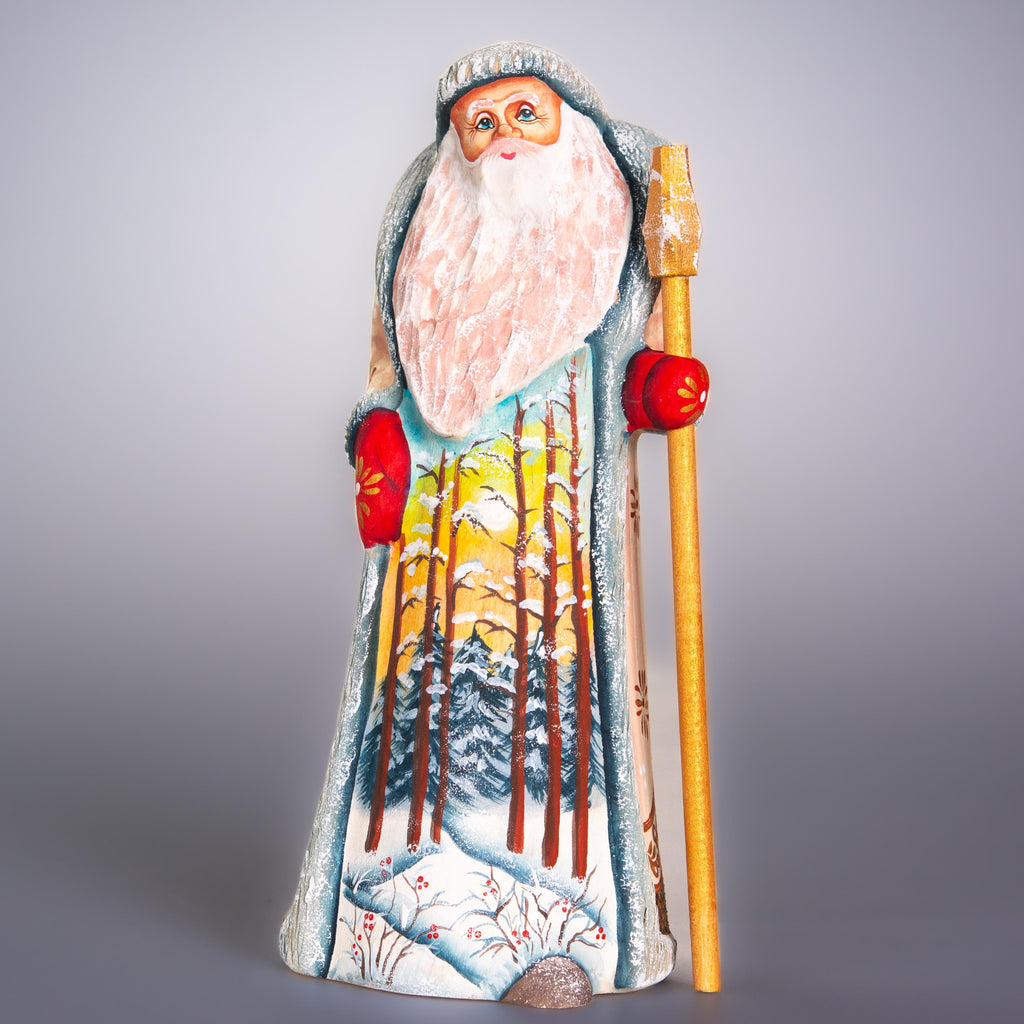 Hand carved wooden Santa figurine 9 inch, winter forest landscape, holiday shelf decor