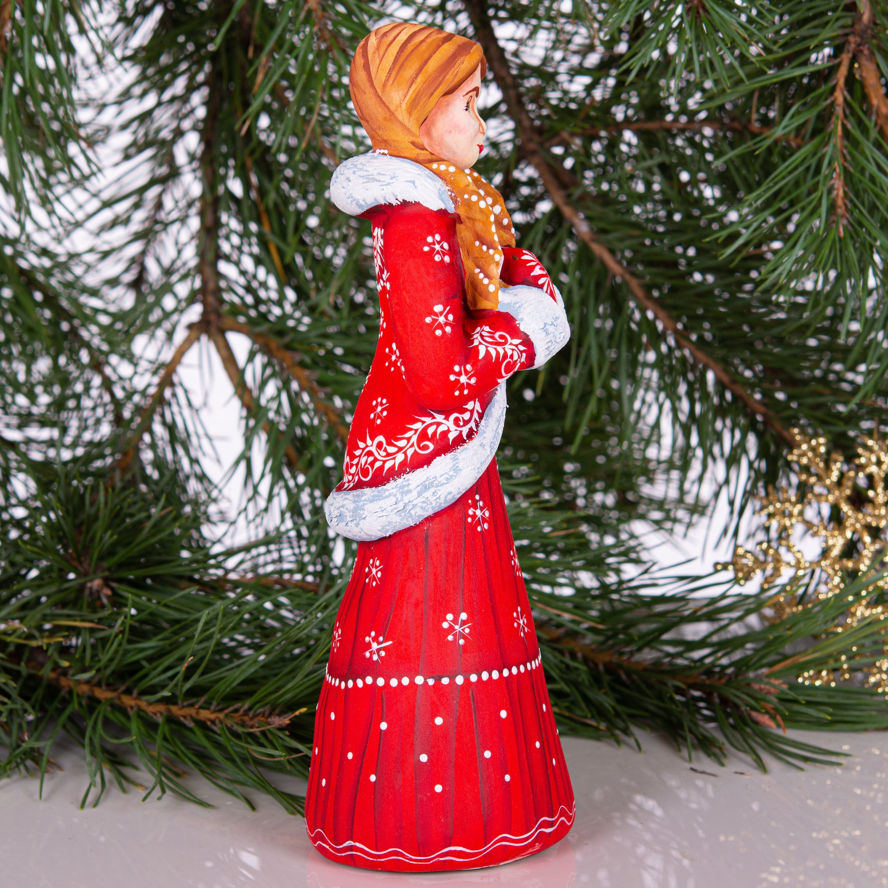 Hand carved Snow Maiden statue 8 inch, Slavic winter girl holiday display