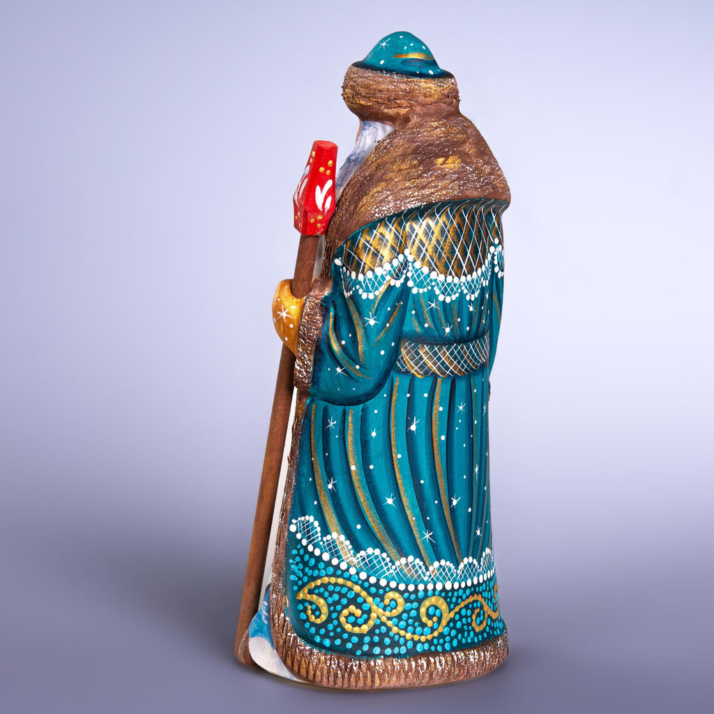 Hand Carved Santa Claus Figurine: Blue & Gold Winter Village Scene