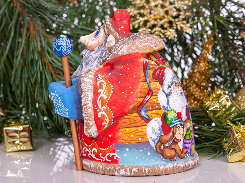 Hand carved Santa wooden figurine 6.3 inch, toy workshop scene