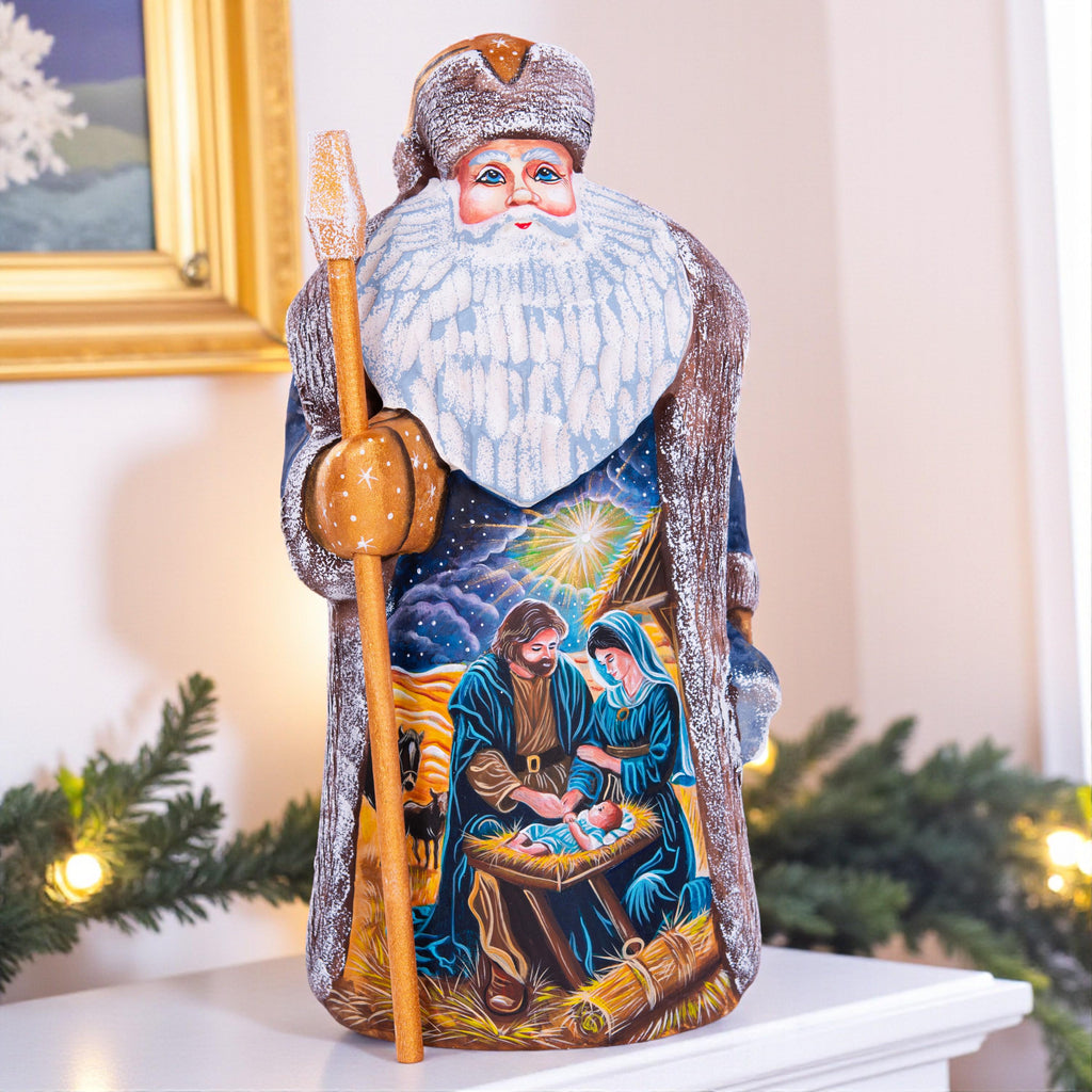 Santa Figurine 9", Holy Night Nativity, Hand Carved Wood