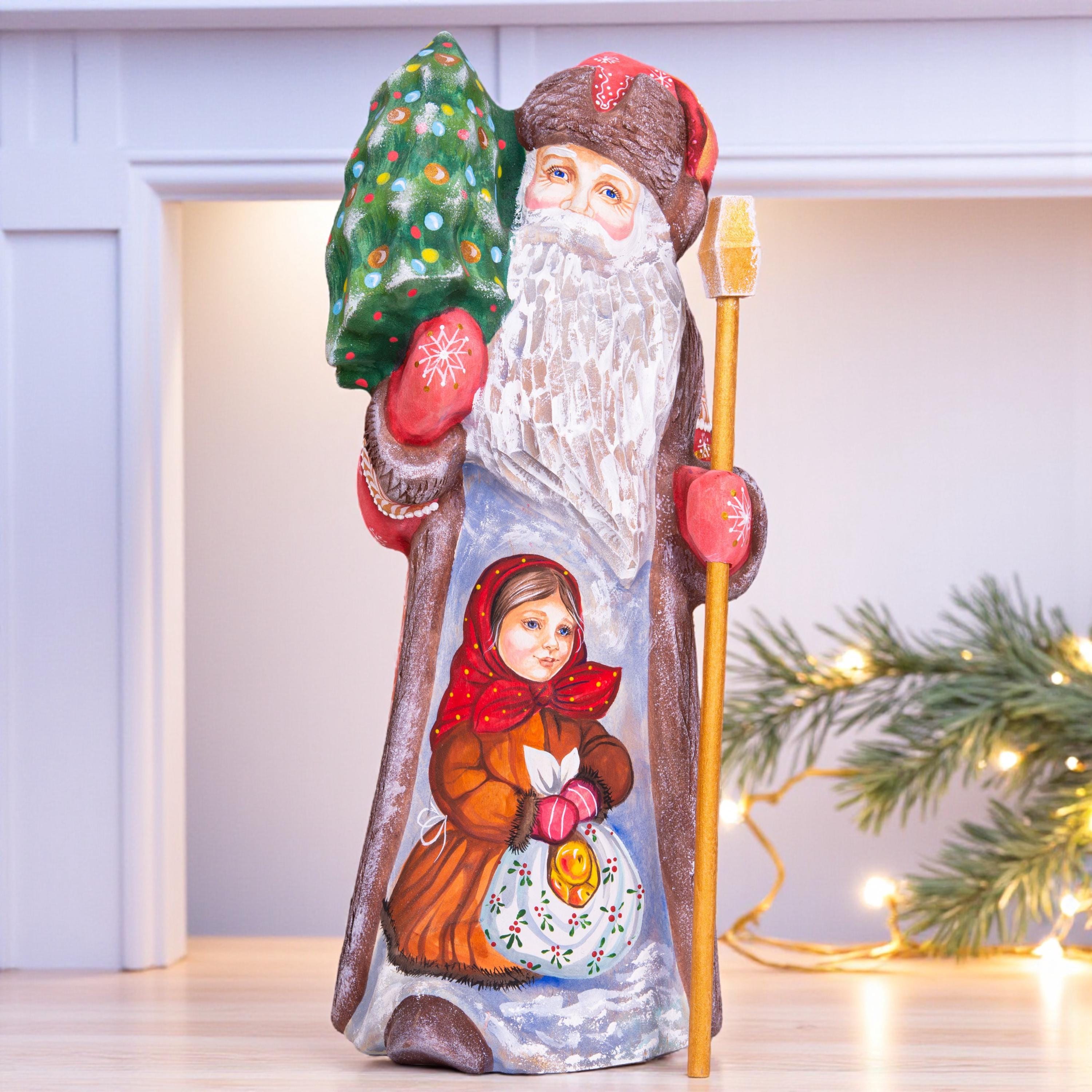 Old world Santa wooden figurine 10 inch, girl with gifts, rustic Christmas home accent