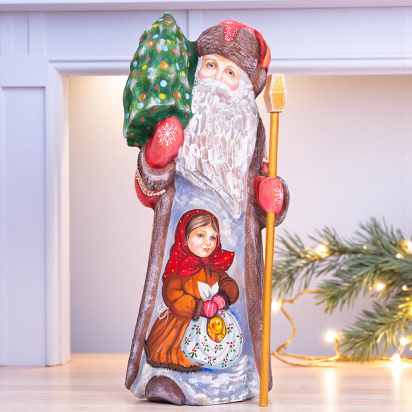 Old world Santa wooden figurine 10 inch, girl with gifts, rustic Christmas home accent