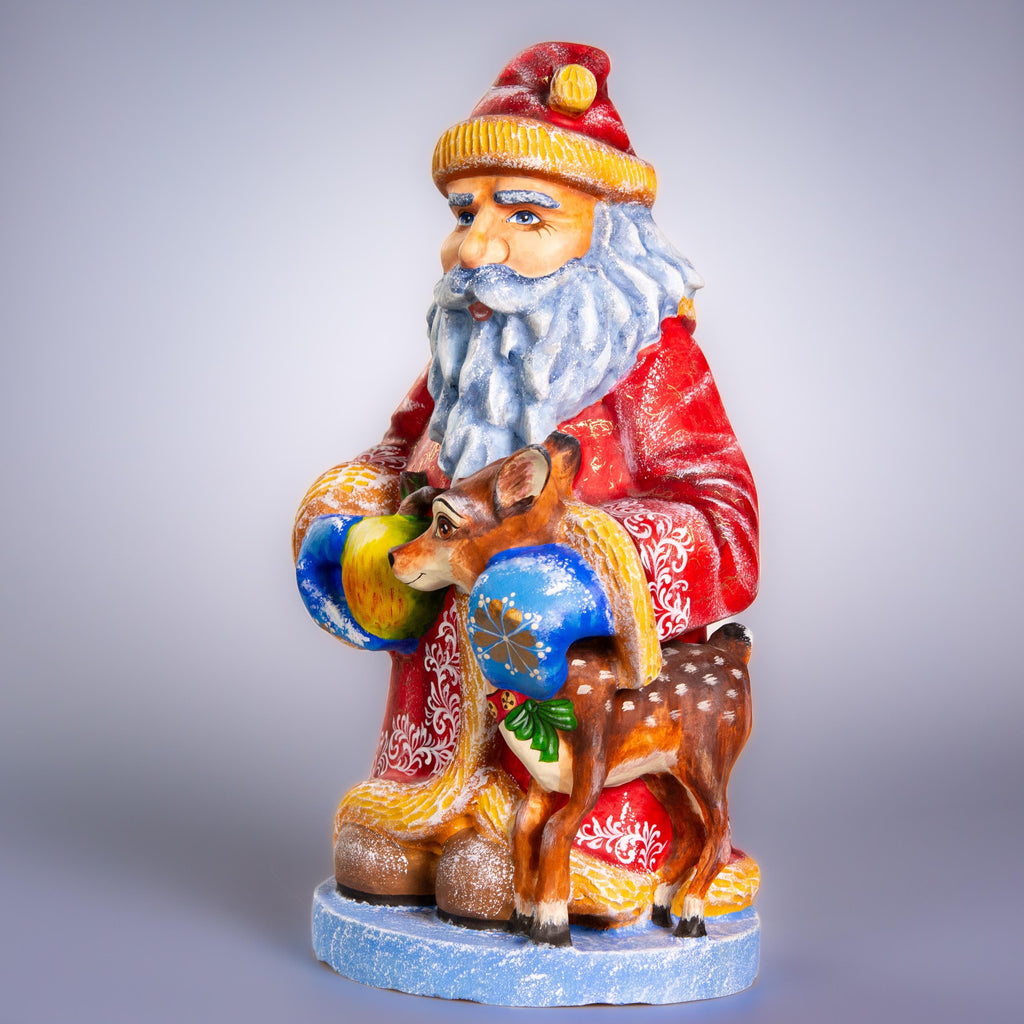 Hand carved Old-World Santa wooden figurine 14 inch, deer fawn apple scene, mantel decor