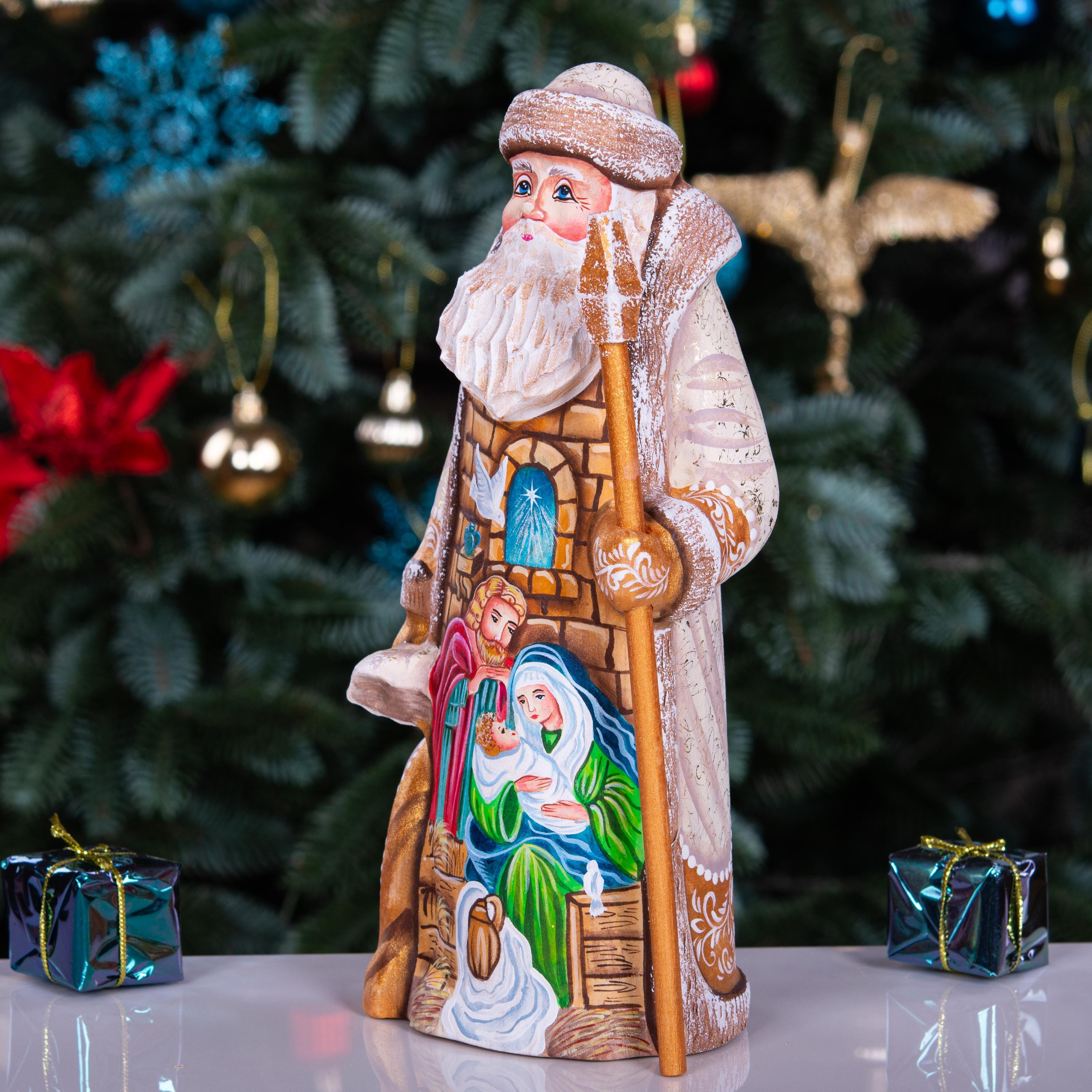 Santa Figurine 9", Nativity Scene, White & gold Coat, Old World
