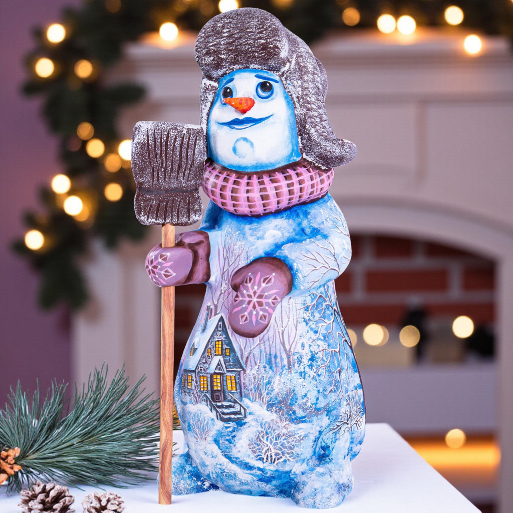 Collectible snowman figurine with broom, folk art mantel decor, 9 inch