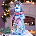 Collectible snowman figurine with broom, folk art mantel decor, 9 inch