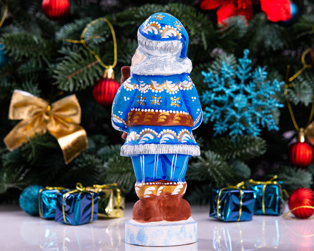 Hand carved blue Santa wooden figurine 7 inch, teddy bear gift, holiday mantel decor
