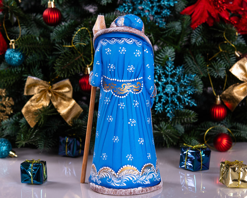 Carved wooden Santa figurine 9 inch, winter church at sunset artwork, holiday mantel centerpiece