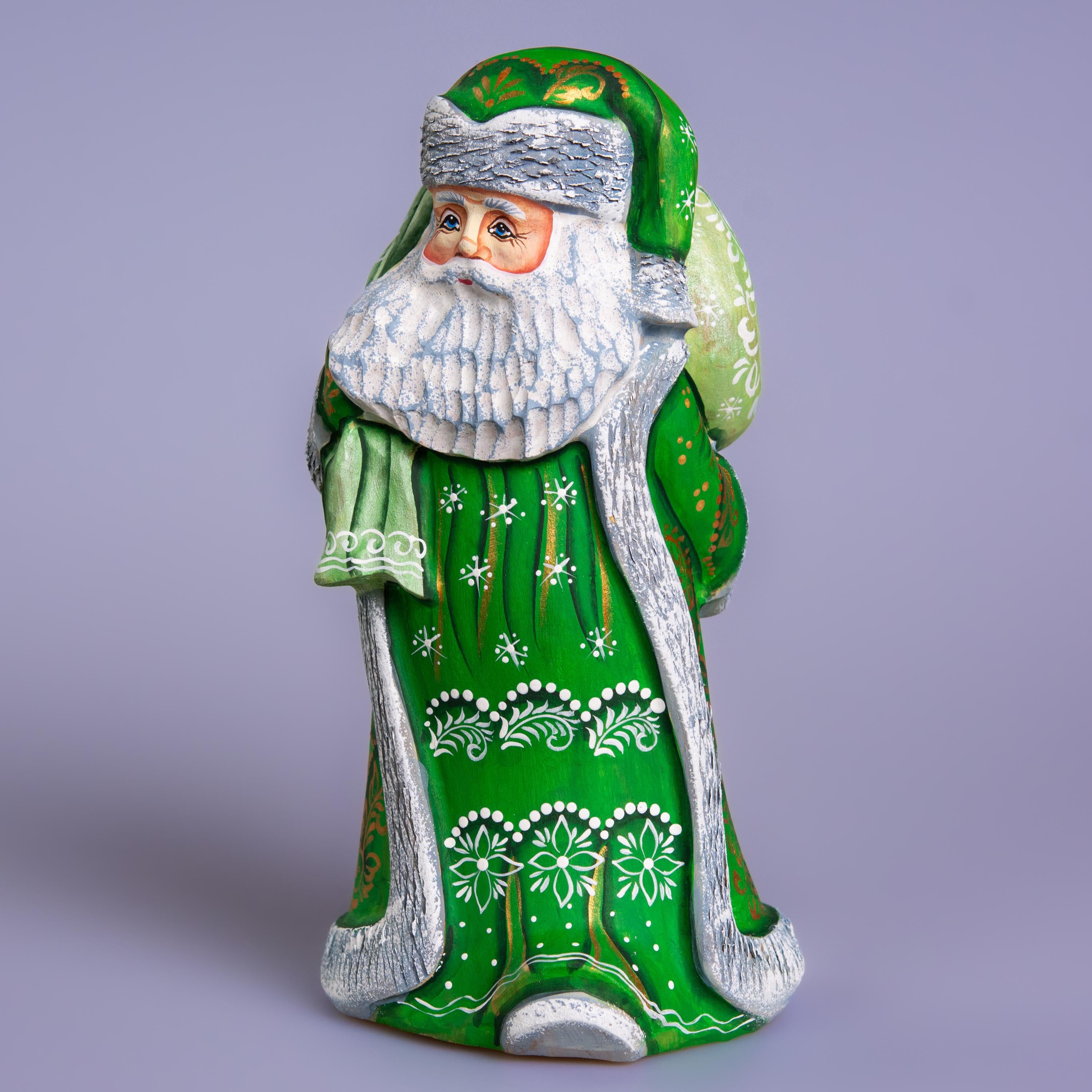 Hand carved wooden Santa figurine 9.1 inch, green coat, gift sack, holiday shelf decor