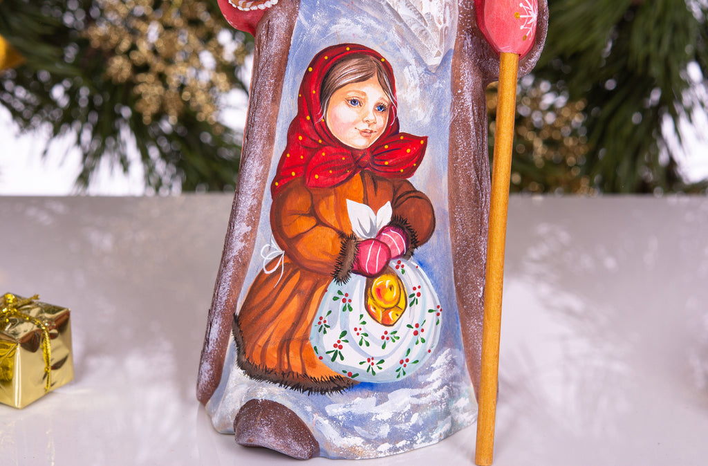 Old world Santa wooden figurine 10 inch, girl with gifts, rustic Christmas home accent