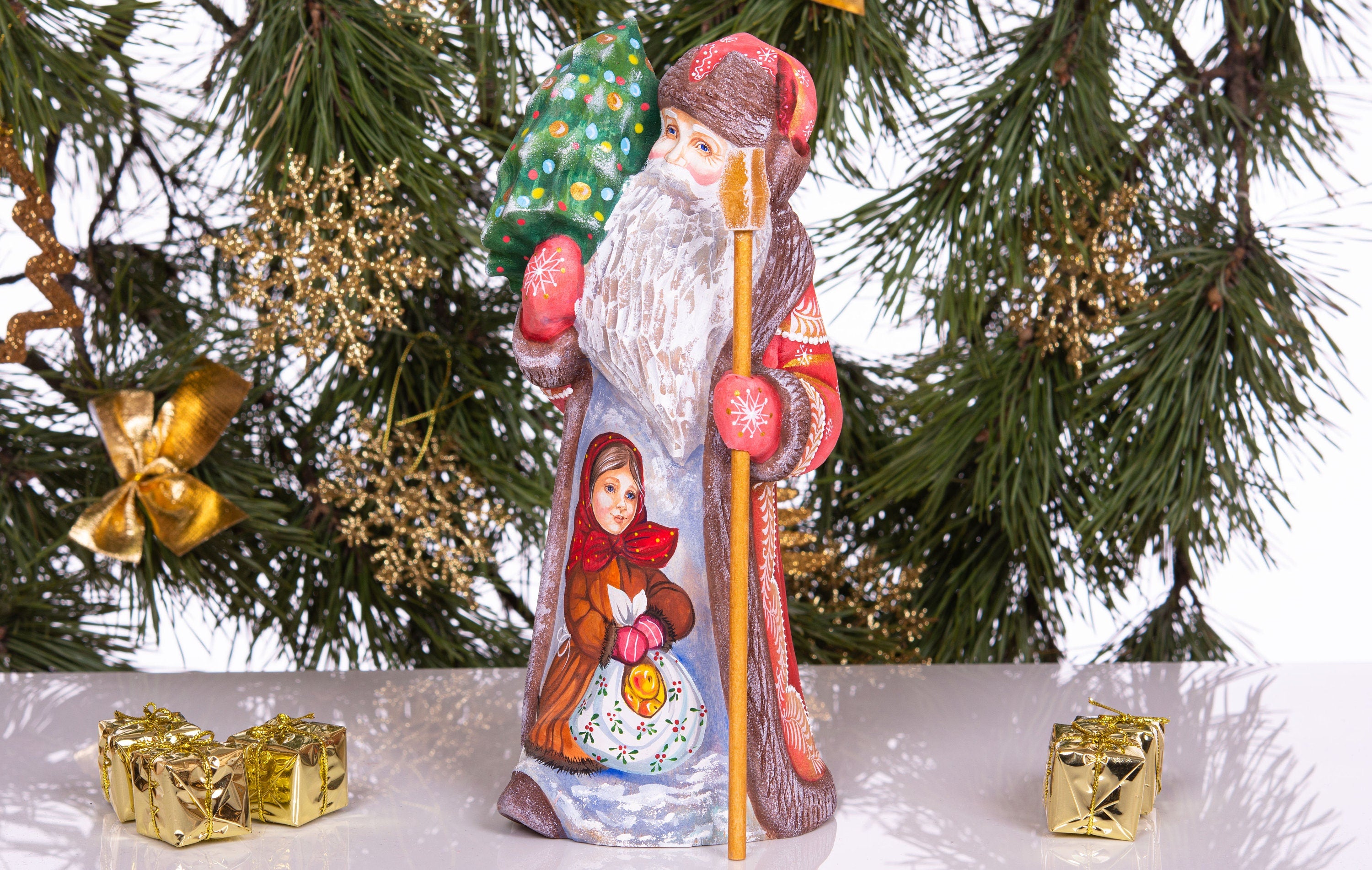 Old world Santa wooden figurine 10 inch, girl with gifts, rustic Christmas home accent