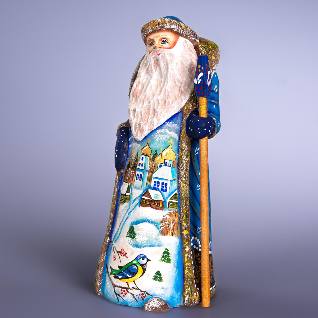 Hand Carved Wooden Santa Figurine 9 inch, Blue Coat, Winter Church