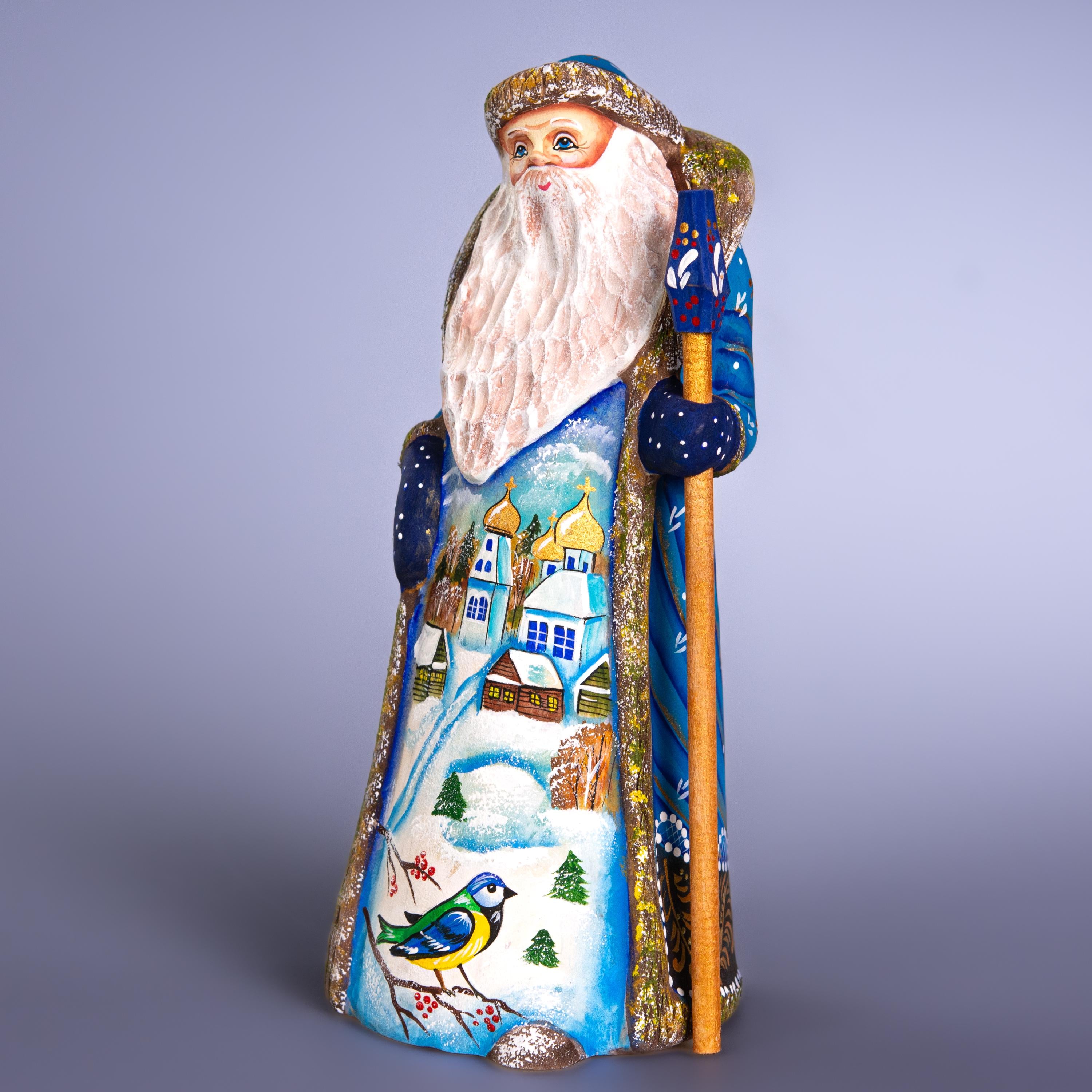 Hand Carved Wooden Santa Figurine 9 inch, Blue Coat, Winter Church