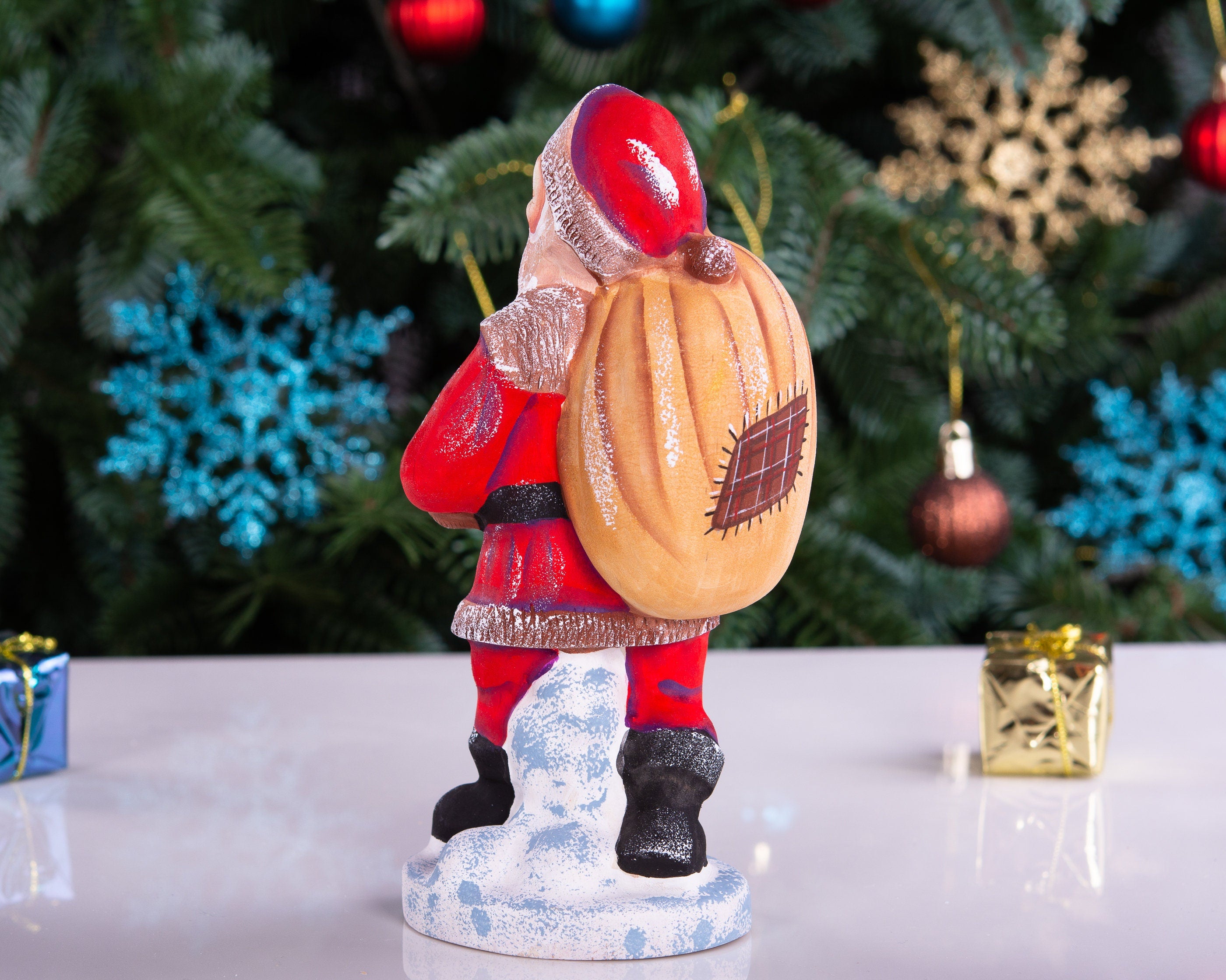 Kris Kringle Santa figurine 7 inch, carved wood, toy bag, holiday home decor