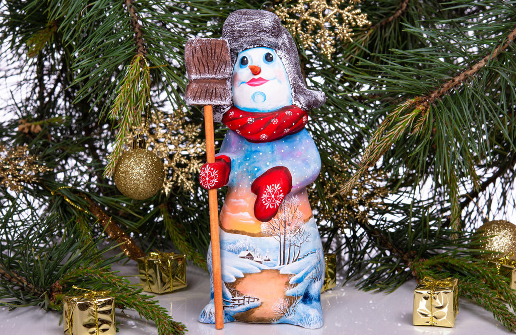 Hand carved snowman wooden figurine 9.1 inch, holding broom, shelf decor