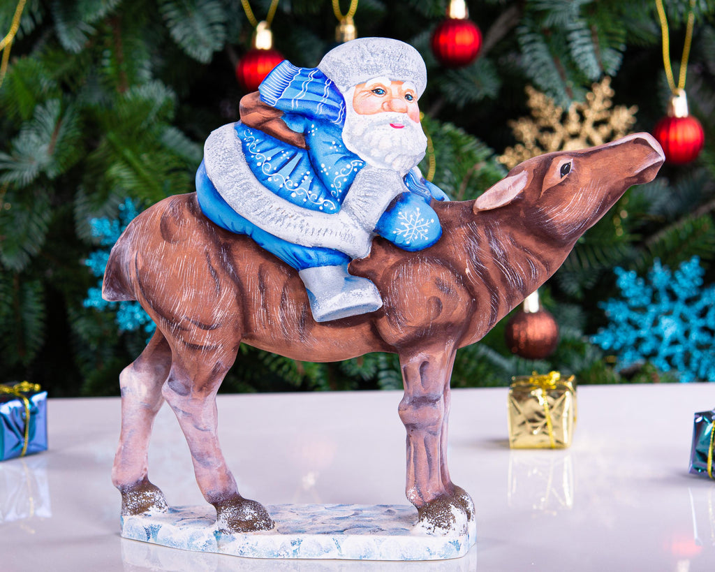 Old World Santa wooden figurine 8 inch, moose ride mantel display