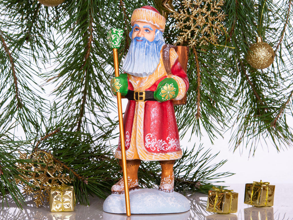 Hand carved wooden Santa figurine 11 inch, cuckoo clock bullfinch scene, Christmas home accent