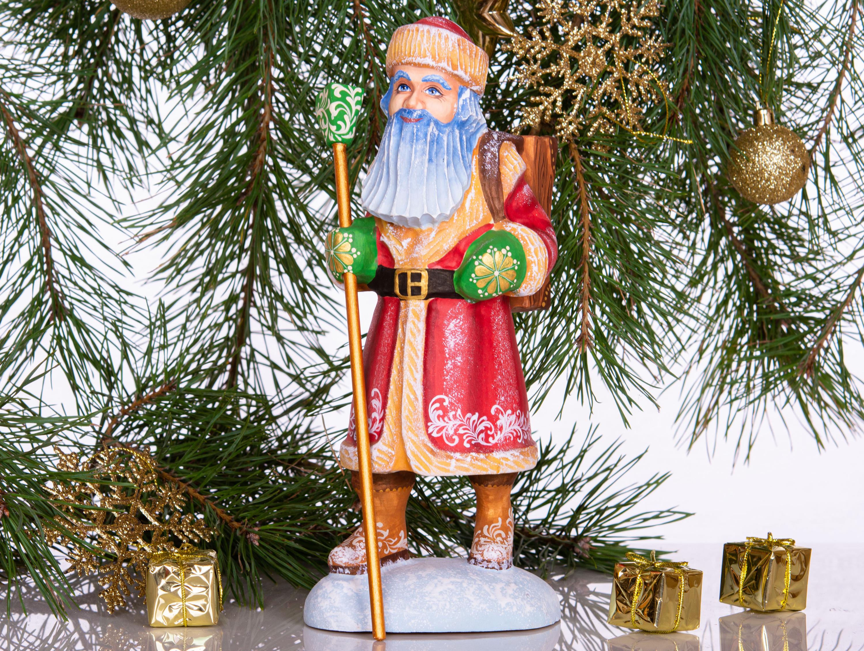 Hand carved wooden Santa figurine 11 inch, cuckoo clock bullfinch scene, Christmas home accent