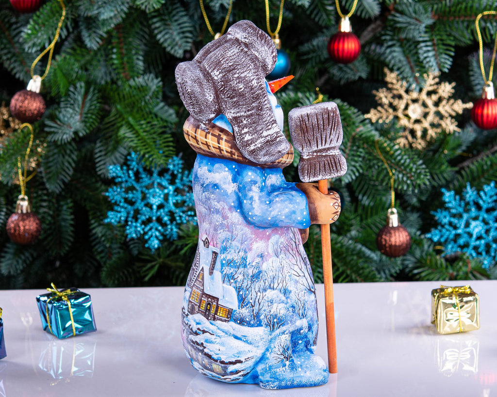 Snowman figurine in ushanka, hand painted landscape, 9.1 inch
