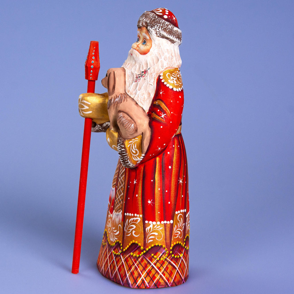 Hand Carved Wooden Santa Claus Figurine with Dog: Hand-Painted Christmas Decor