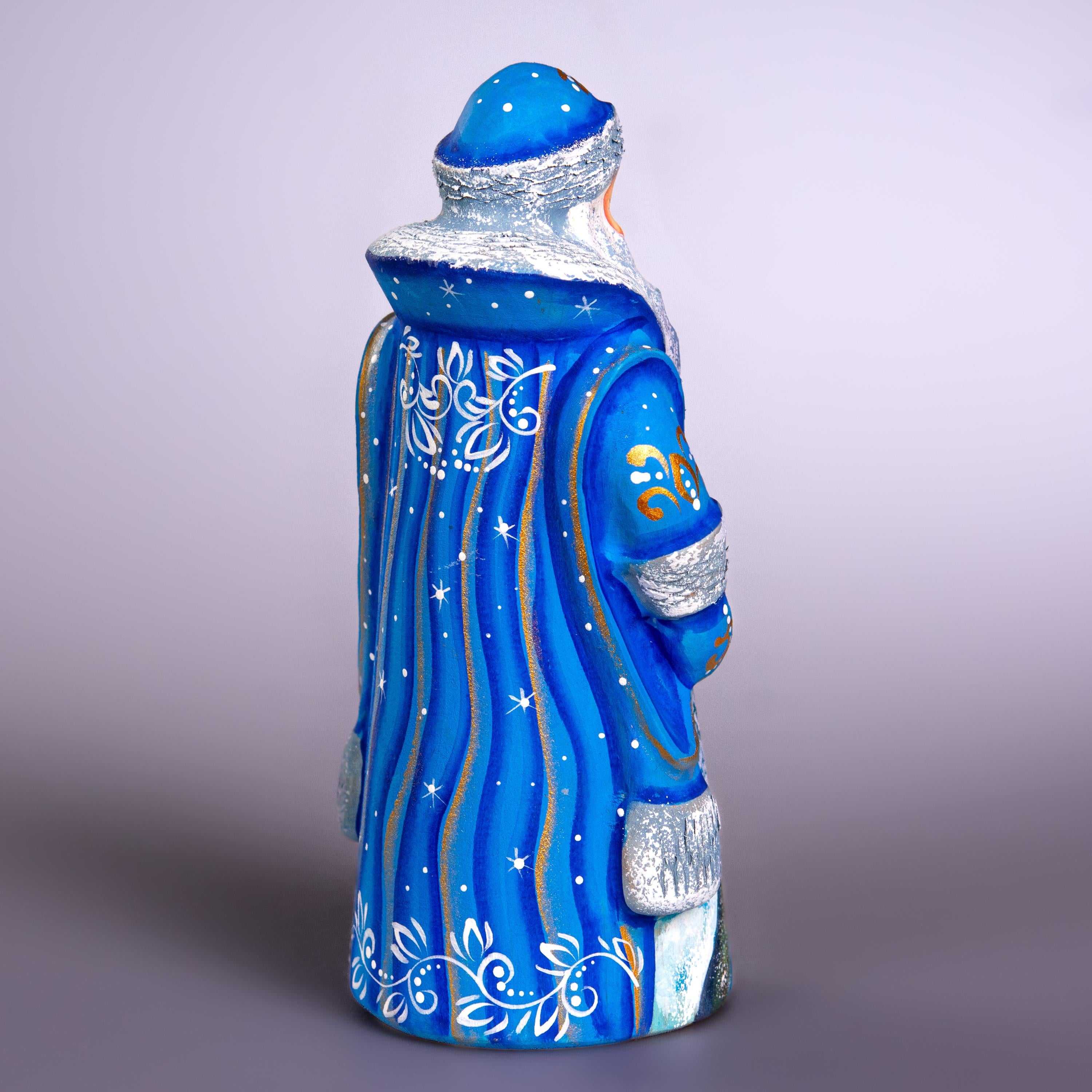 Blue Santa Figurine 7", Hand Painted Wood, Winter Landscape