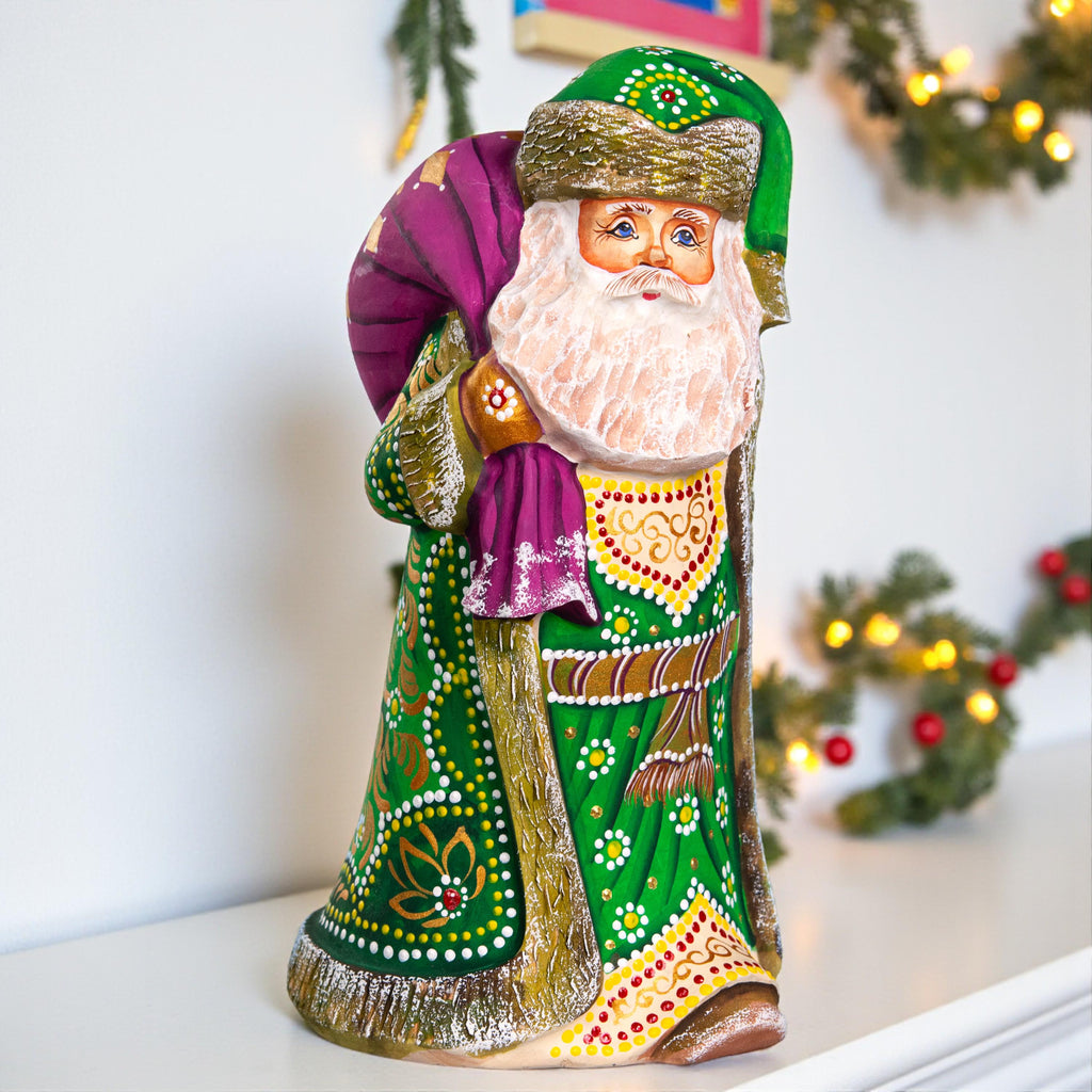 Hand carved green Santa wooden figurine 9.1 inch, folk art collectible