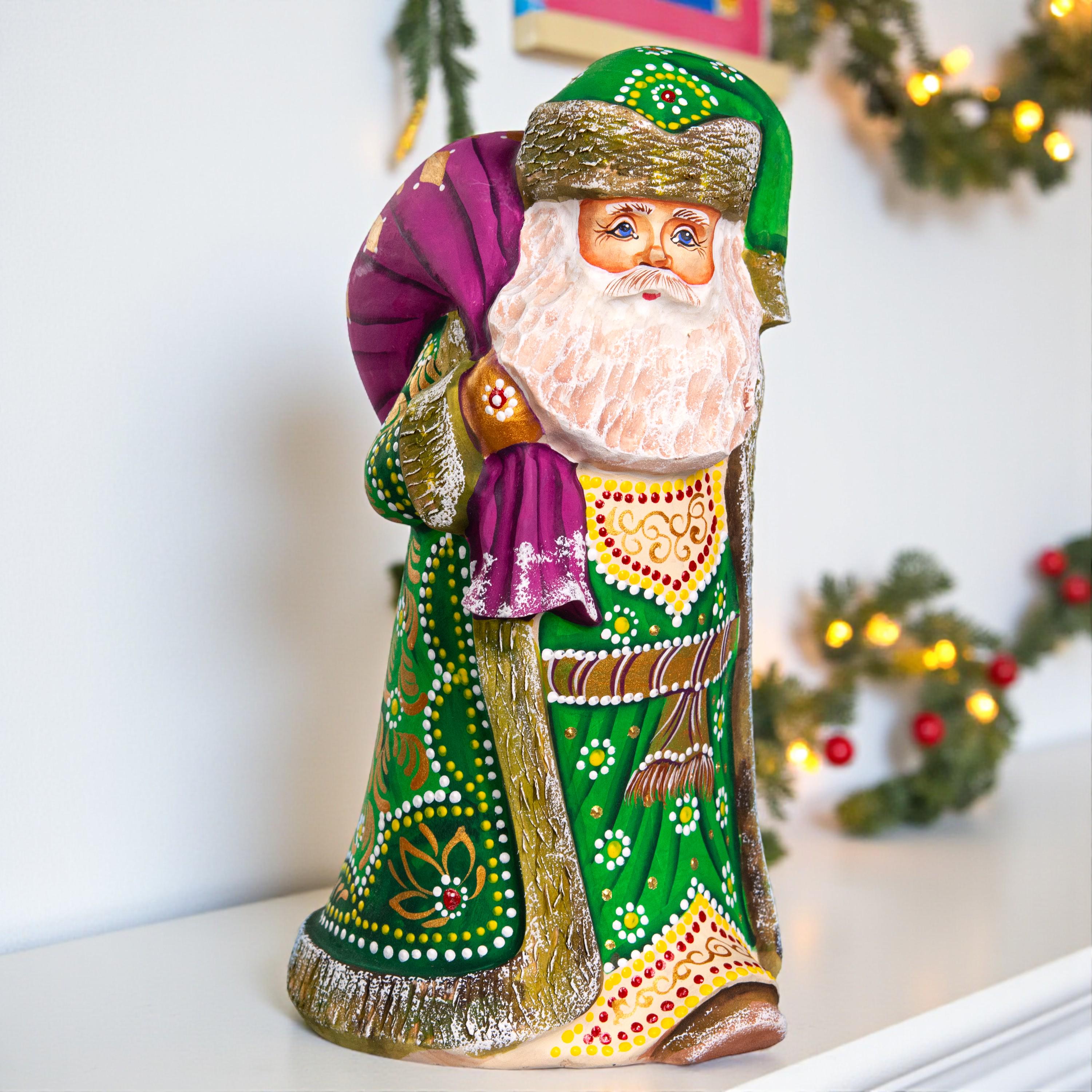 Hand carved green Santa wooden figurine 9.1 inch, folk art collectible