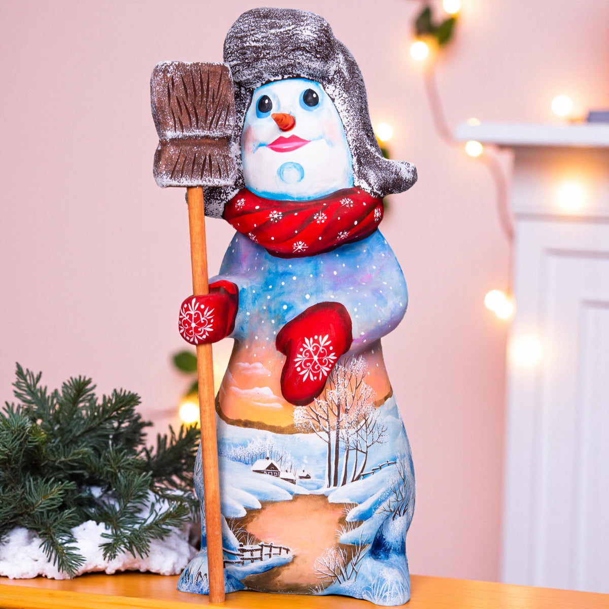 Hand carved snowman wooden figurine 9.1 inch, holding broom, shelf decor