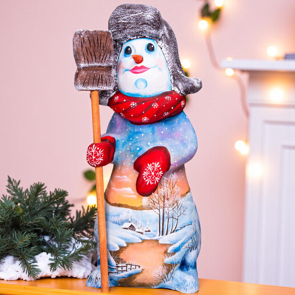 Hand carved snowman wooden figurine 9.1 inch, holding broom, shelf decor