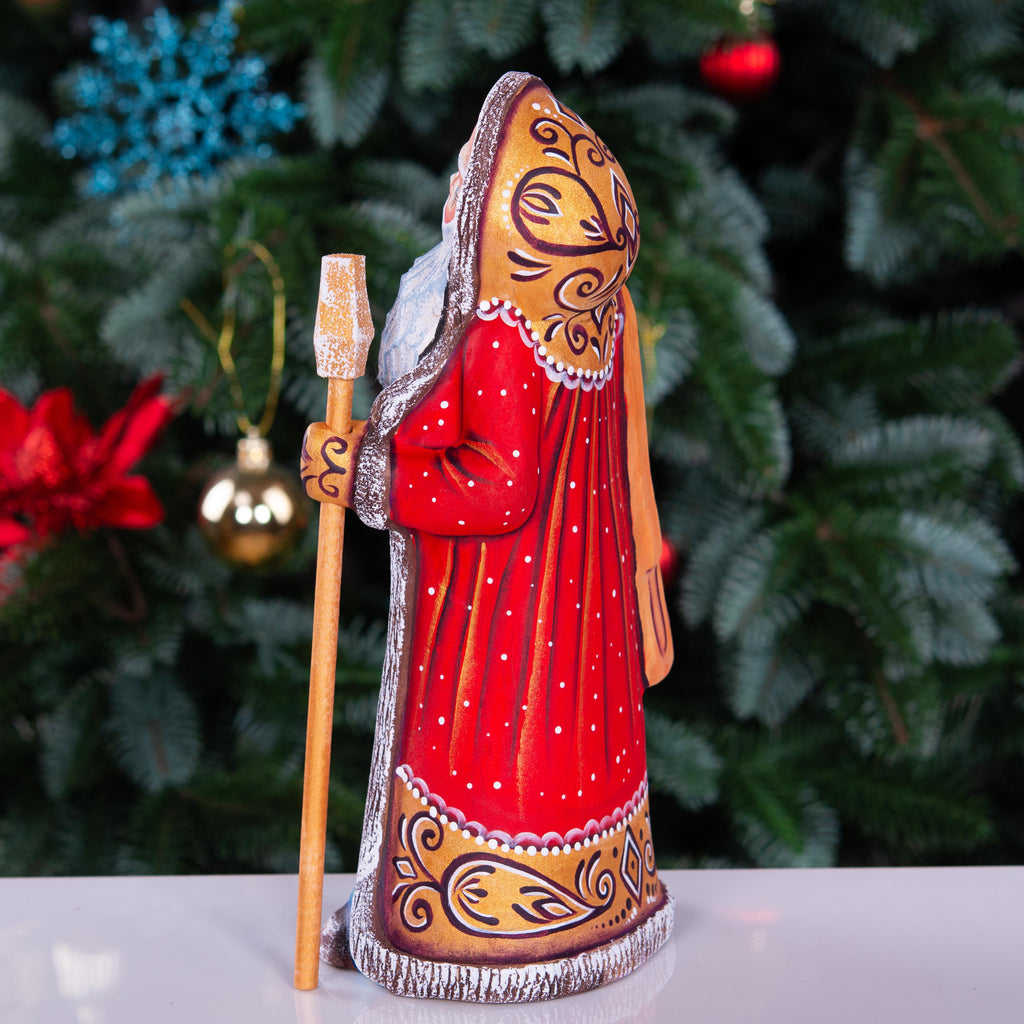 Old World Santa wooden figurine 9 inch, staff and satchel