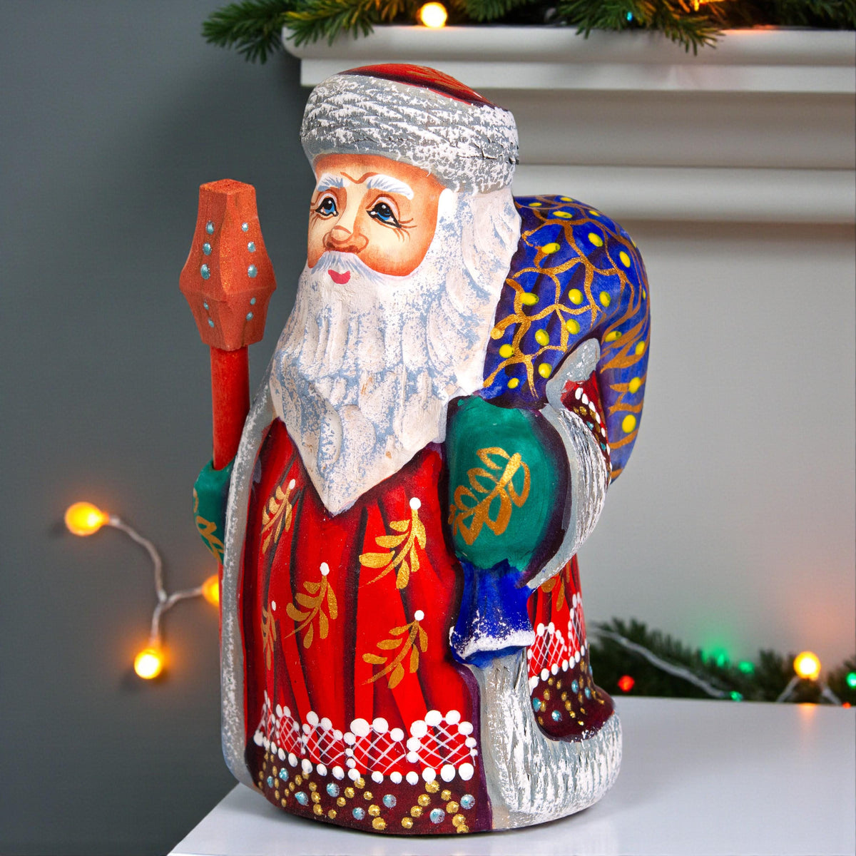Hand painted Santa wooden figurine 5.1 inch, holiday shelf accent