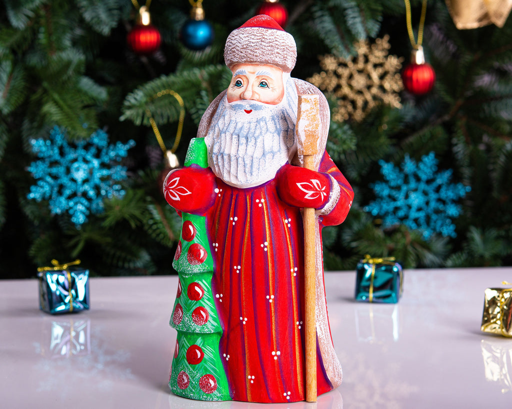 Hand carved wooden Santa figurine 8 inch, holding Christmas tree, holiday shelf decor