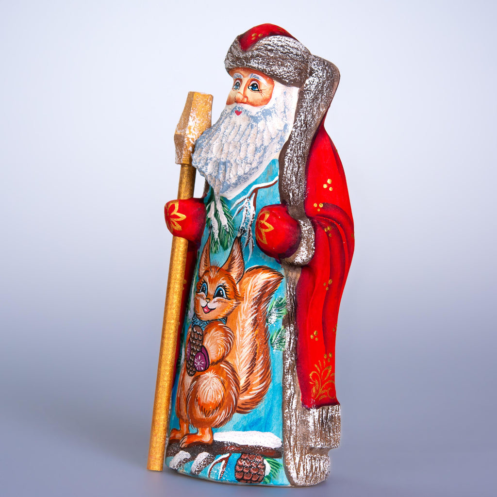 Hand carved wooden Santa figurine 7 inch, squirrel woodland scene, staff, holiday shelf decor