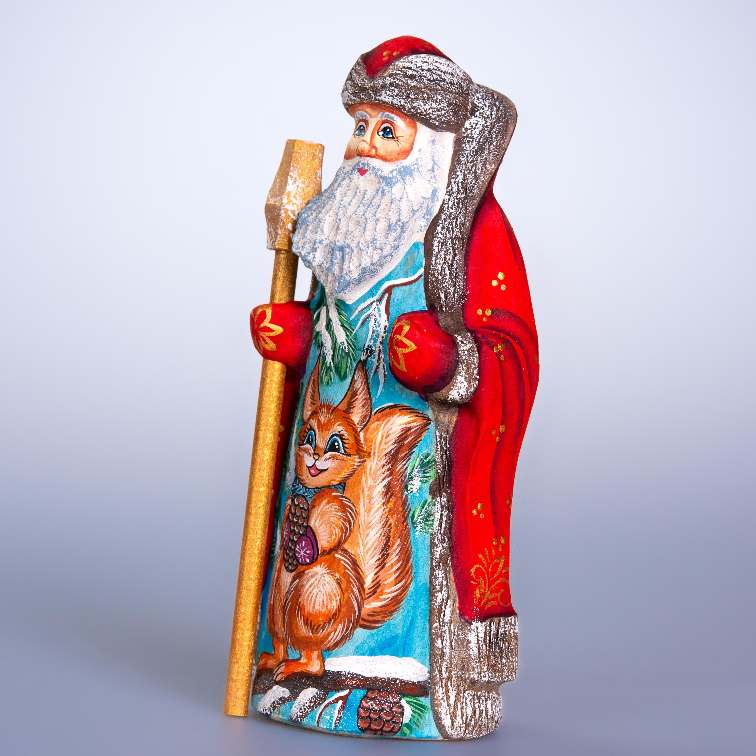 Hand carved wooden Santa figurine 7 inch, squirrel woodland scene, staff, holiday shelf decor