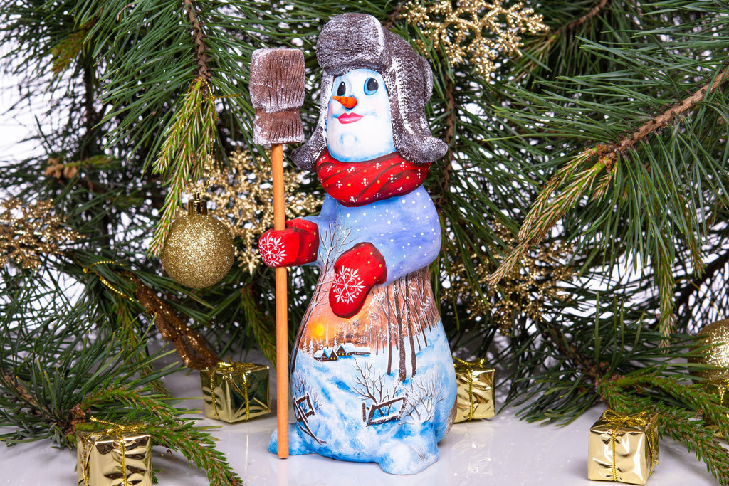 Hand carved snowman wooden figurine 9.1 inch, broom, winter village scene