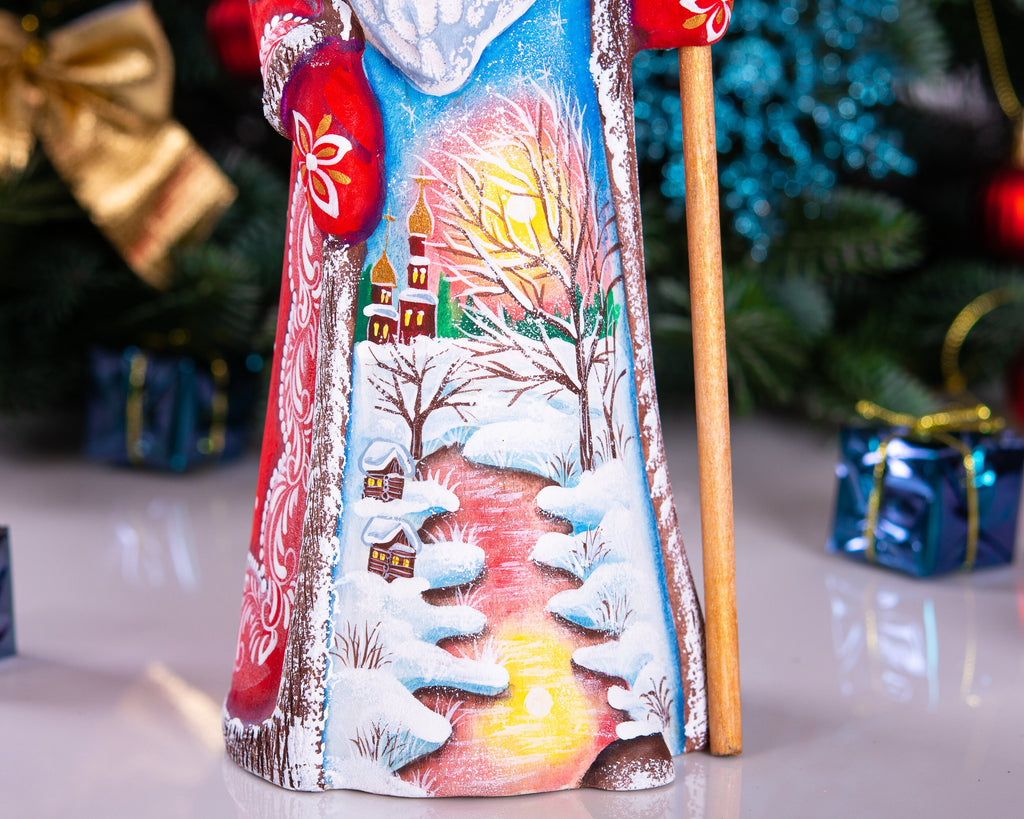 Russian Santa wooden figurine 9 inch, snow covered cottages painting, classic Christmas mantel display