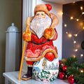 Hand carved Santa wooden figurine 9.7 inch, winter birds village scene
