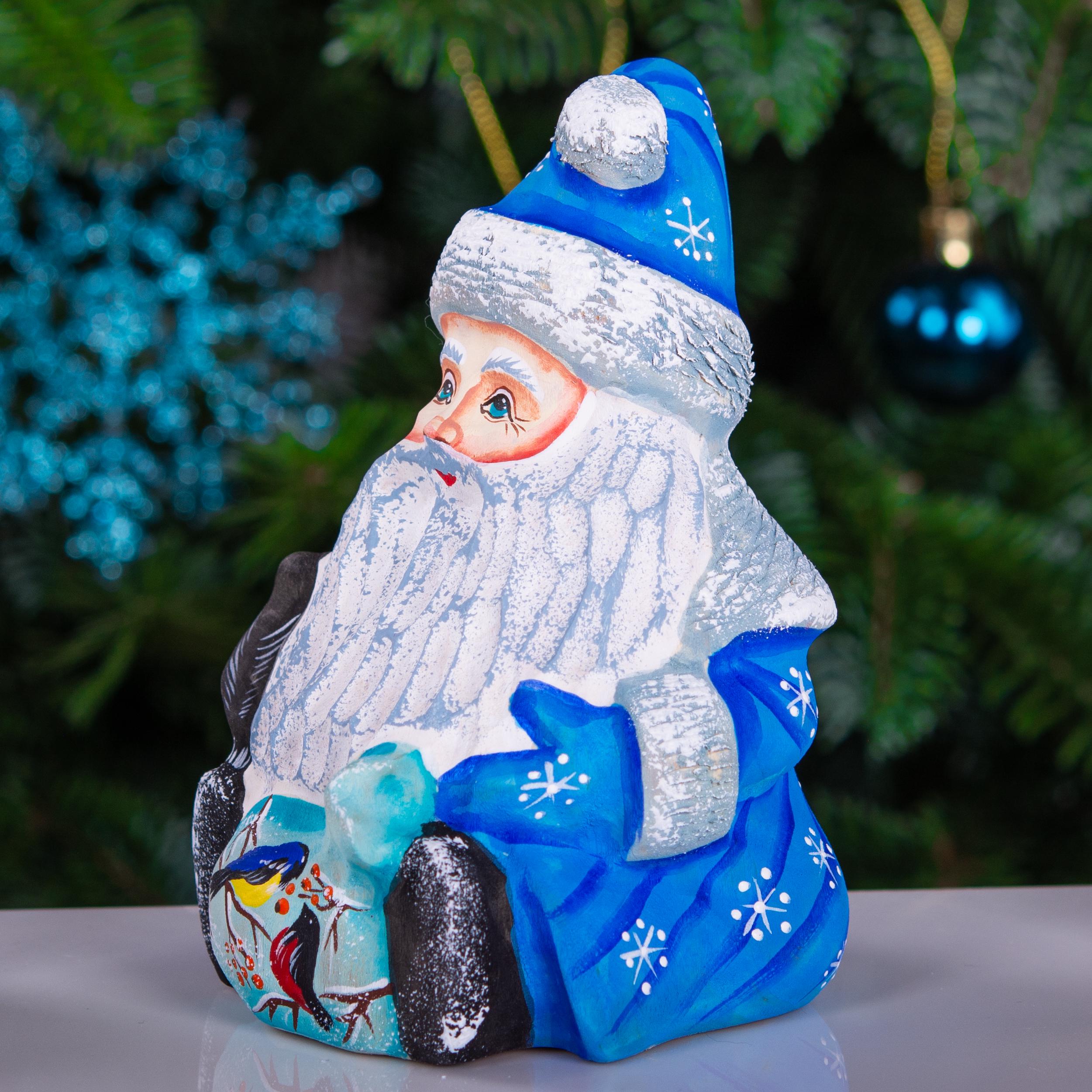 Hand carved blue Santa figurine 5 inch, winter birds scene decor