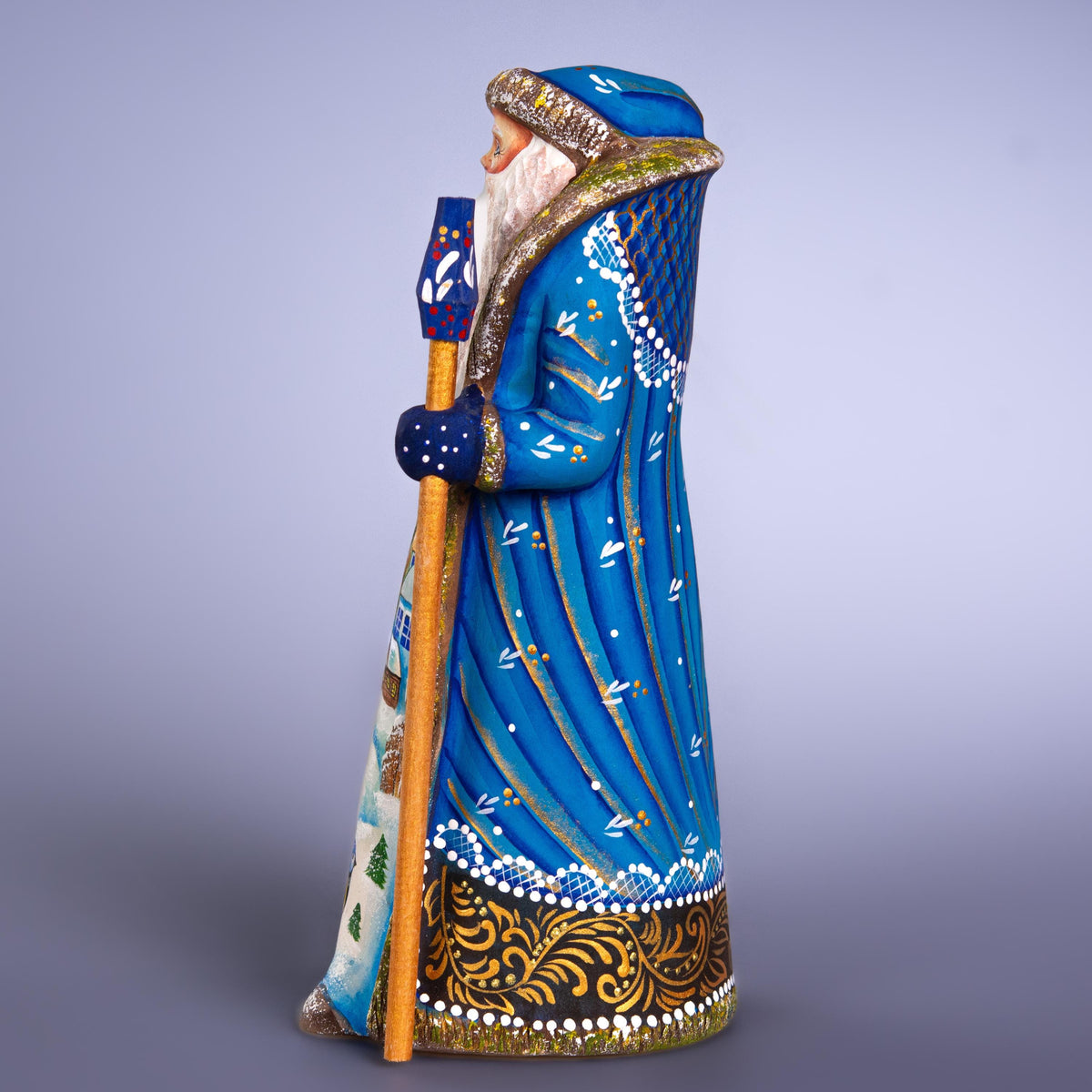 Hand Carved Wooden Santa Figurine 9 inch, Blue Coat, Winter Church