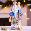 Old-World Santa wood figurine 9 inch, child with winter birds scene, shelf display