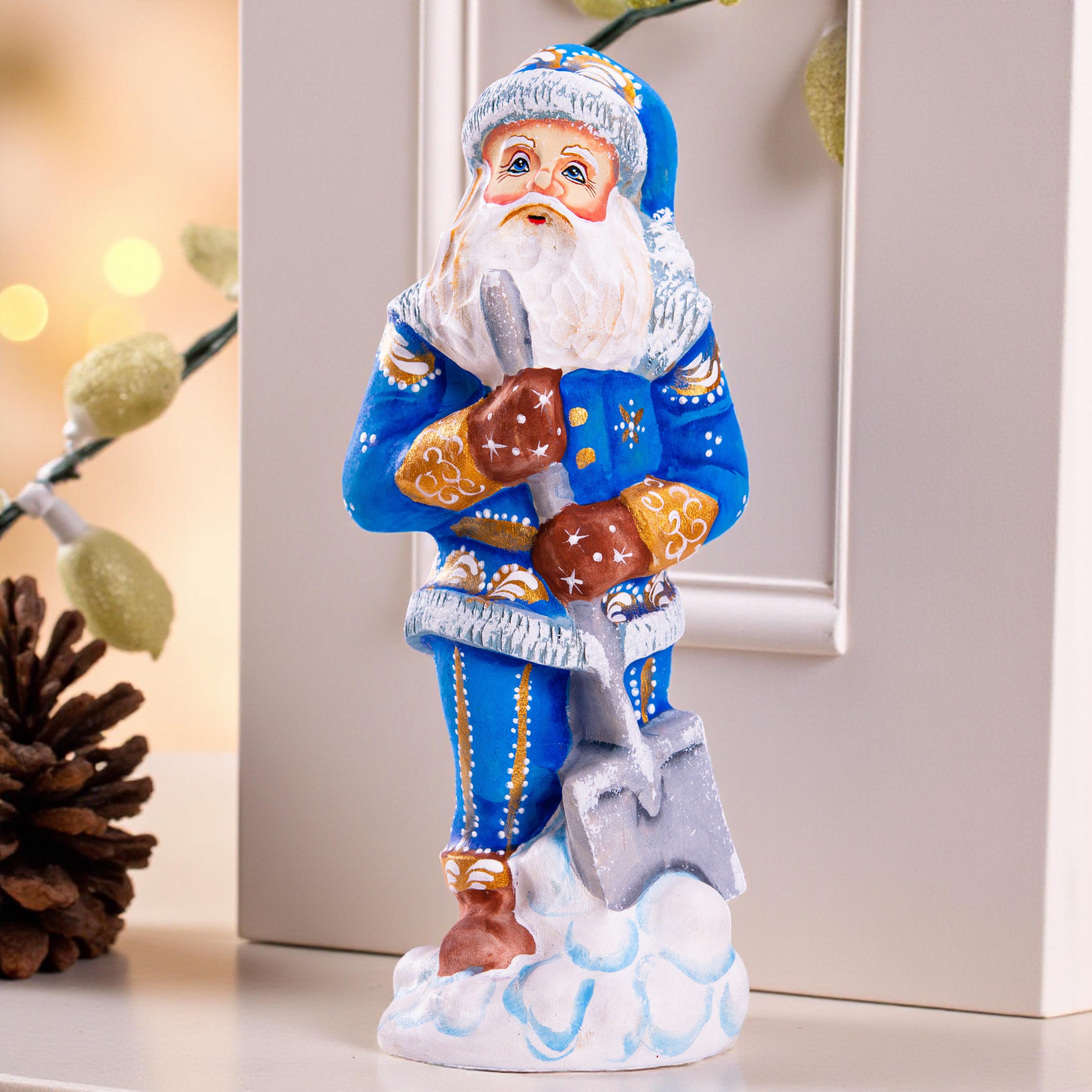 Father Christmas figurine with snow shovel in blue coat, 7.1 inch