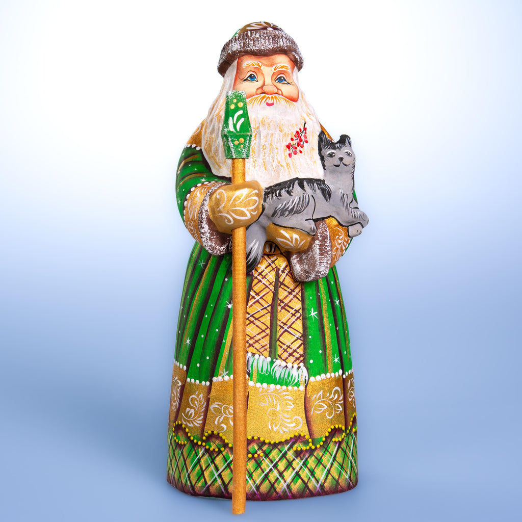Kris Kringle wooden figurine 9 inch, green coat, cat lover gift