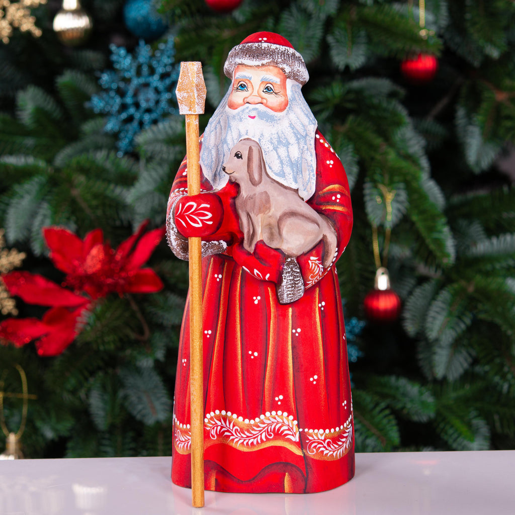 Hand Carved Wooden Santa Figurine with Puppy: Folk Art Christmas Decor