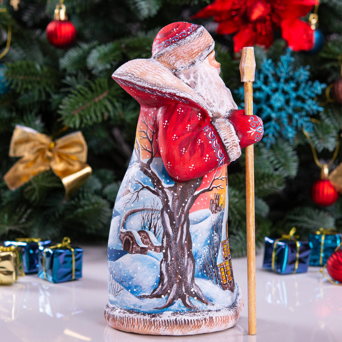Red Santa Claus Figurine with Staff and Bag, Hand Painted Wood Christmas Decor with Snowy Landscape, Holiday Gift for Home or Collection