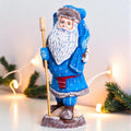 Hand carved blue Santa figurine 11 inch, gift sack, mantel decor
