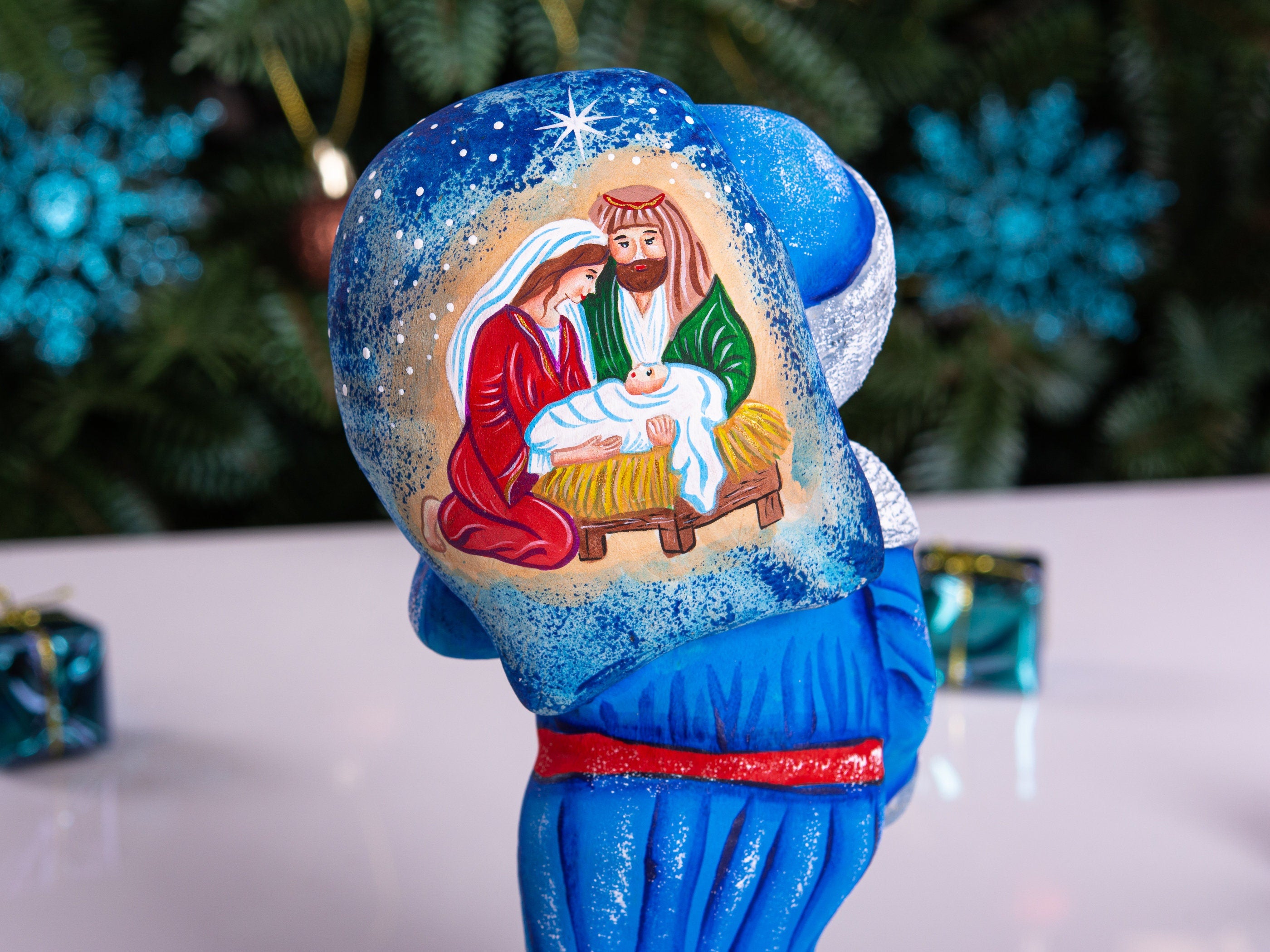 Kris Kringle nativity Santa 8 inch wooden figurine, religious Christmas shelf decor