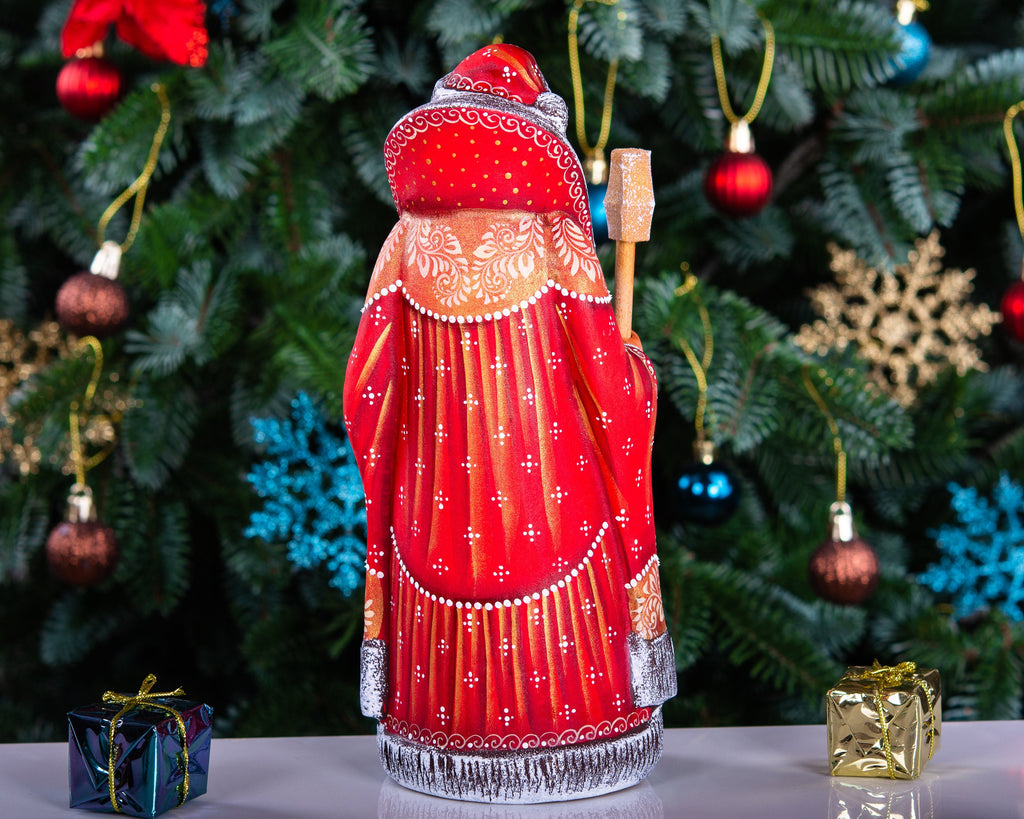 Hand carved wooden Santa figurine 9 inch, sunset winter landscape, mantel display