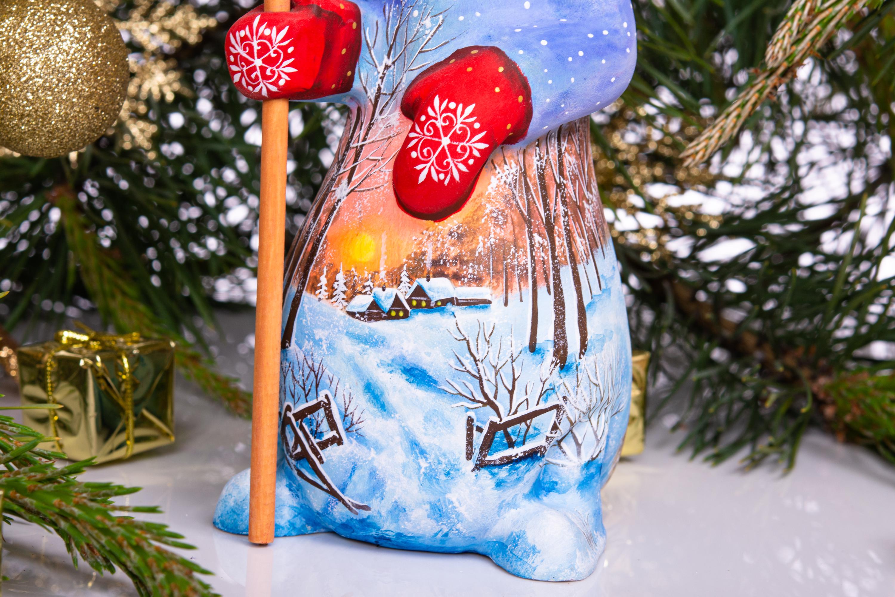 Hand carved snowman wooden figurine 9.1 inch, broom, winter village scene